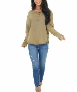Umgee Pistachio Mineral Wash Long Sleeve Henley Top 22 Umgee Pistachio Mineral Wash Long Sleeve Henley Top