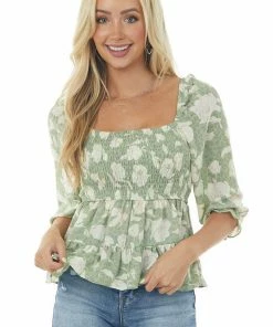 Blu Pepper Tops Pistachio Multiprint Open Back Square Neck Top