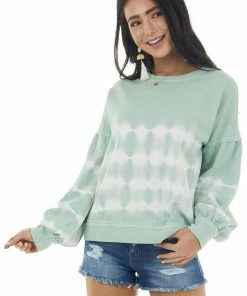 She + Sky Pistachio Tie Dye Knit Top With Long Bubble Sleeves