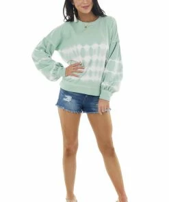 She + Sky Pistachio Tie Dye Knit Top With Long Bubble Sleeves