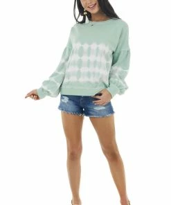 She + Sky Pistachio Tie Dye Knit Top With Long Bubble Sleeves