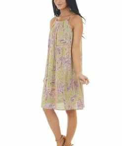 Staccato Pistachio Tropical Print Short Dress With Halter Neckline Dresses