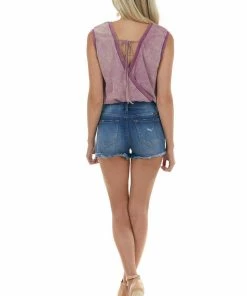 LE LIS Plum Acid Wash Surplice Back Banded Bodysuit Tops