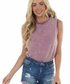 LE LIS Plum Acid Wash Surplice Back Banded Bodysuit Tops