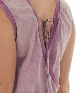 LE LIS Plum Acid Wash Surplice Back Banded Bodysuit Tops