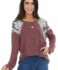 BiBi Plum Distressed Knit Top With Leopard And Snake Print