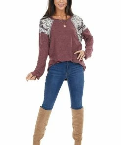 BiBi Plum Distressed Knit Top With Leopard And Snake Print