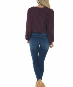 She + Sky Tops Plum Surplice Long Sleeve Pleated Blouse