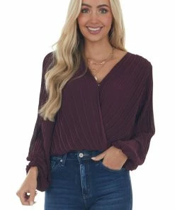 She + Sky Tops Plum Surplice Long Sleeve Pleated Blouse