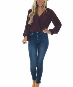 She + Sky Tops Plum Surplice Long Sleeve Pleated Blouse