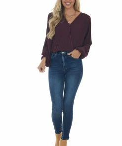 She + Sky Tops Plum Surplice Long Sleeve Pleated Blouse