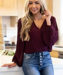 She + Sky Tops Plum Surplice Long Sleeve Pleated Blouse