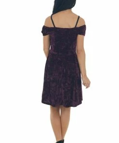 ANGIE Dresses Plum Velvet Cold Shoulder Cap Sleeve Dress