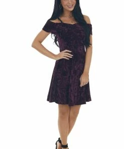 ANGIE Dresses Plum Velvet Cold Shoulder Cap Sleeve Dress
