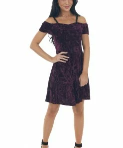 ANGIE Dresses Plum Velvet Cold Shoulder Cap Sleeve Dress