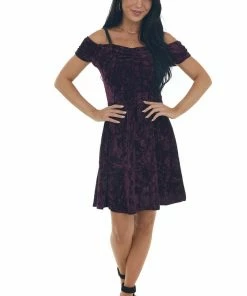 ANGIE Dresses Plum Velvet Cold Shoulder Cap Sleeve Dress