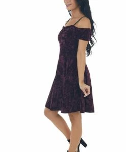 ANGIE Dresses Plum Velvet Cold Shoulder Cap Sleeve Dress