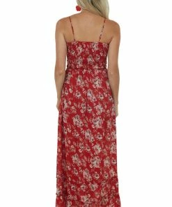 Peach Love Pomegranate Floral Printed Smocked Maxi Dress