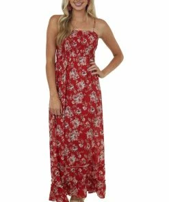 Peach Love Pomegranate Floral Printed Smocked Maxi Dress