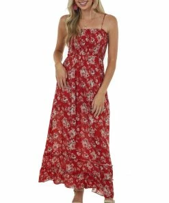 Peach Love Pomegranate Floral Printed Smocked Maxi Dress