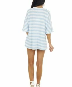 Davi & Dani Tops Powder Blue And Eggshell Striped Short Sleeve V Neck Top