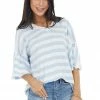 Davi & Dani Tops Powder Blue And Eggshell Striped Short Sleeve V Neck Top