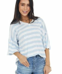 Davi & Dani Tops Powder Blue And Eggshell Striped Short Sleeve V Neck Top