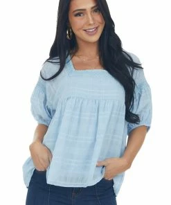 &merci Tops Powder Blue Babydoll Puff Sleeve Blouse With Square Neck