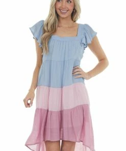 Umgee Powder Blue Colorblock Square Neckline Short Dress Dresses