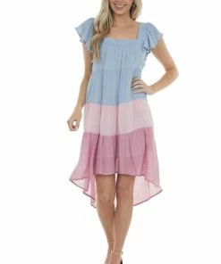 Umgee Powder Blue Colorblock Square Neckline Short Dress Dresses