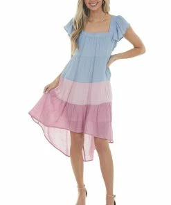 Umgee Powder Blue Colorblock Square Neckline Short Dress Dresses