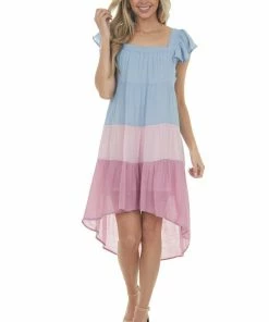 Umgee Powder Blue Colorblock Square Neckline Short Dress Dresses