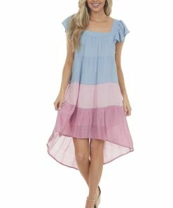 Umgee Powder Blue Colorblock Square Neckline Short Dress Dresses