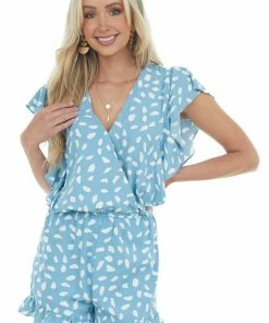 Umgee Dresses Powder Blue Dalmatian Ruffle Surplice Romper