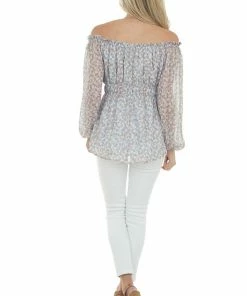 143 Story Powder Blue Ditsy Floral Off Shoulder Blouse Tops