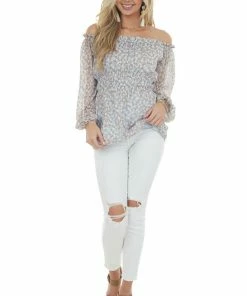 143 Story Powder Blue Ditsy Floral Off Shoulder Blouse Tops