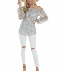 143 Story Powder Blue Ditsy Floral Off Shoulder Blouse Tops