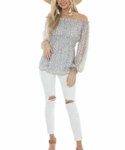 143 Story Powder Blue Ditsy Floral Off Shoulder Blouse Tops