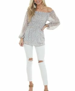 143 Story Powder Blue Ditsy Floral Off Shoulder Blouse Tops