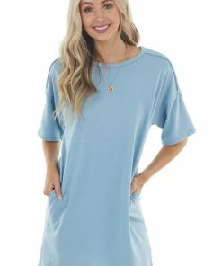 143 Story Powder Blue Dress With Side Pockets And Raw Seam Details Dresses