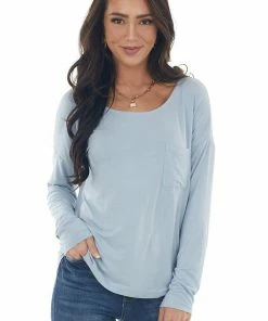 HYFVE Tops Powder Blue Drop Shoulder Chest Pocket Top