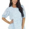 Staccato Tops Powder Blue Floral Lace Peplum Top With Short Puff Sleeves