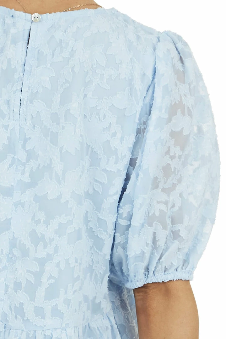 Staccato Tops Powder Blue Floral Lace Peplum Top With Short Puff Sleeves 10 Staccato Tops Powder Blue Floral Lace Peplum Top With Short Puff Sleeves