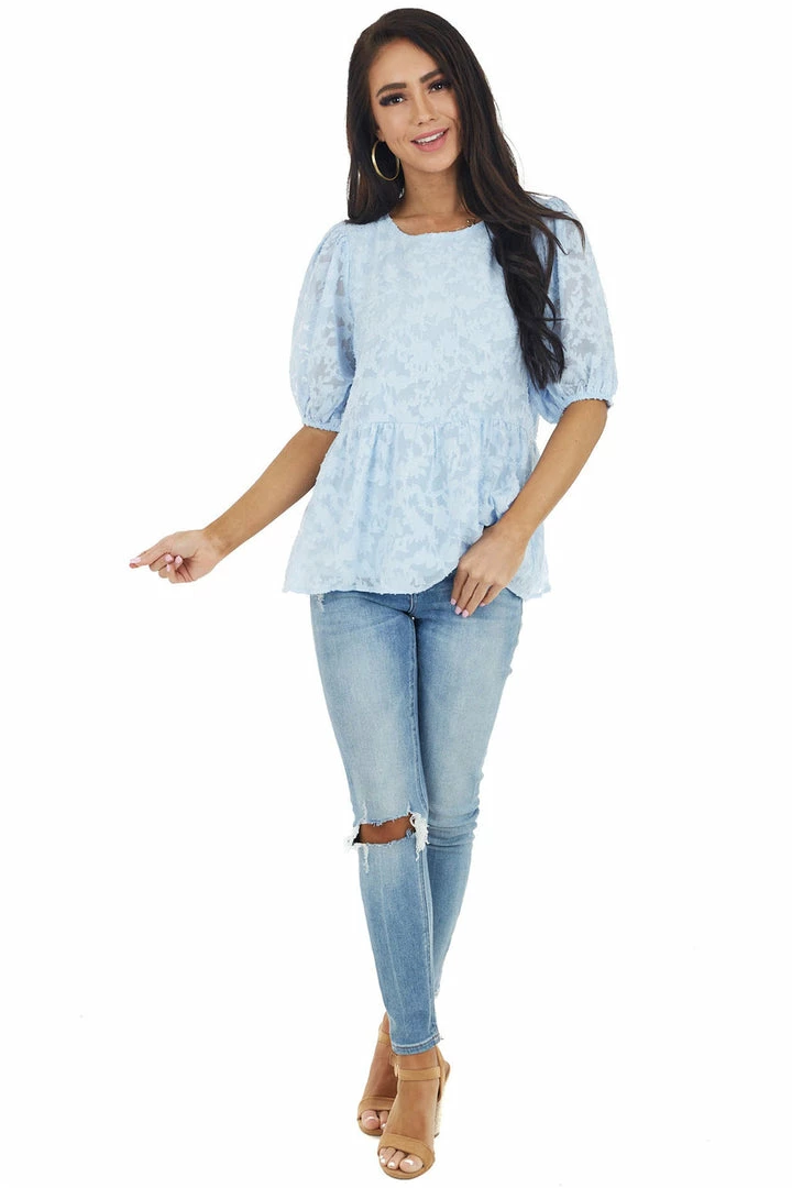 Staccato Tops Powder Blue Floral Lace Peplum Top With Short Puff Sleeves 6 Staccato Tops Powder Blue Floral Lace Peplum Top With Short Puff Sleeves