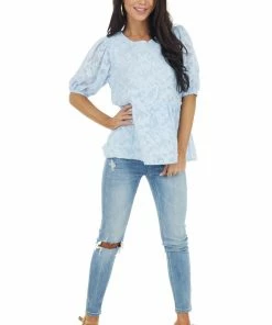 Staccato Tops Powder Blue Floral Lace Peplum Top With Short Puff Sleeves 19 Staccato Tops Powder Blue Floral Lace Peplum Top With Short Puff Sleeves