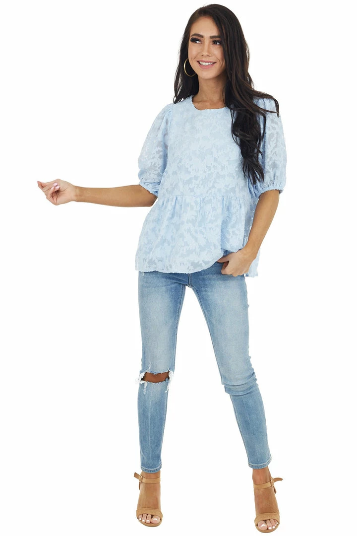 Staccato Tops Powder Blue Floral Lace Peplum Top With Short Puff Sleeves 5 Staccato Tops Powder Blue Floral Lace Peplum Top With Short Puff Sleeves