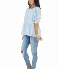 Staccato Tops Powder Blue Floral Lace Peplum Top With Short Puff Sleeves 23 Staccato Tops Powder Blue Floral Lace Peplum Top With Short Puff Sleeves