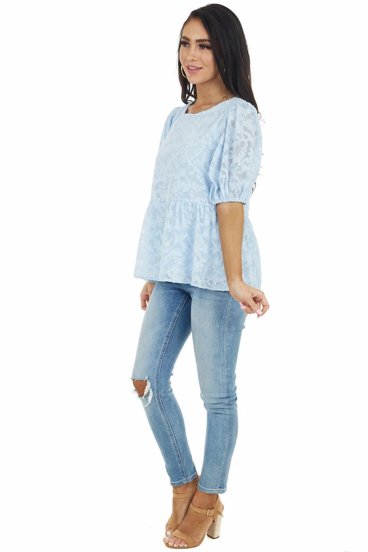 Staccato Tops Powder Blue Floral Lace Peplum Top With Short Puff Sleeves 8 Staccato Tops Powder Blue Floral Lace Peplum Top With Short Puff Sleeves