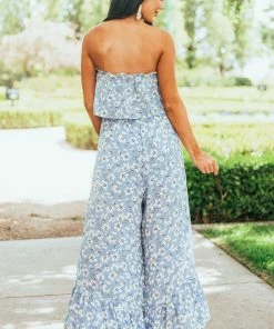 She + Sky Powder Blue Floral Sleeveless Smocked Jumpsuit Dresses 12 She + Sky Powder Blue Floral Sleeveless Smocked Jumpsuit Dresses
