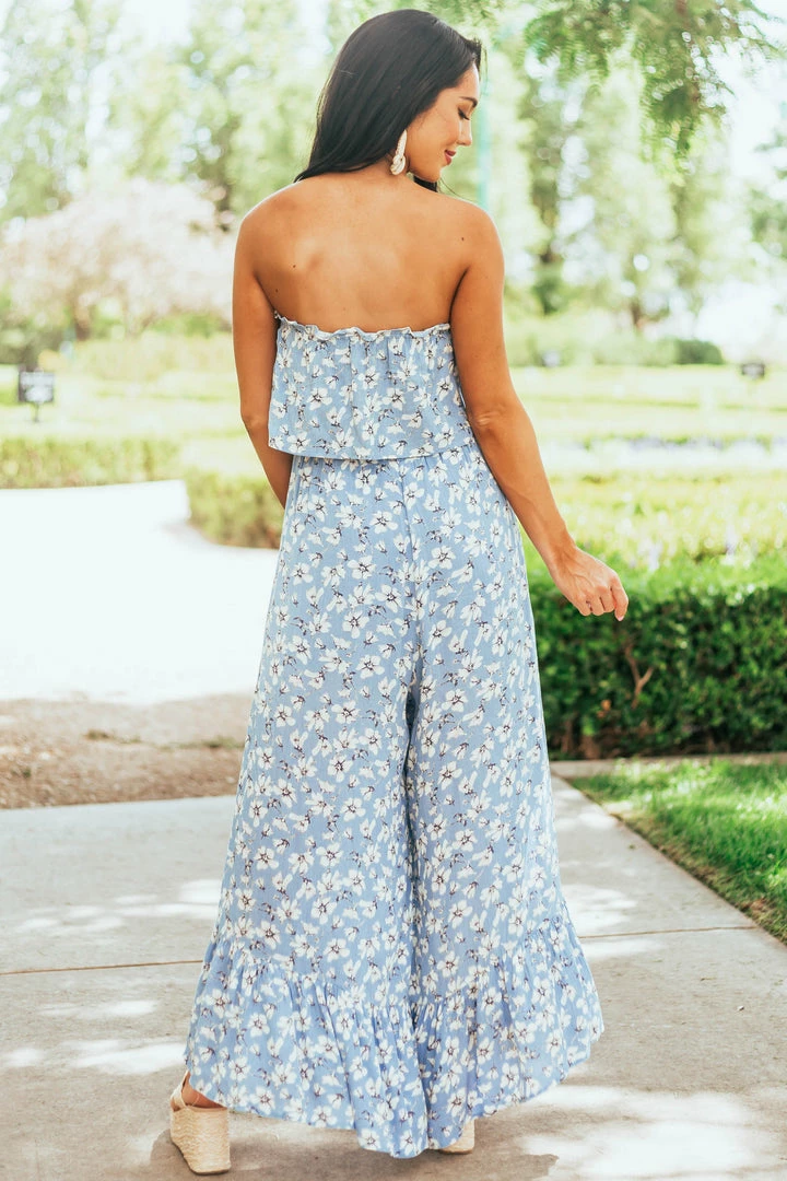 She + Sky Powder Blue Floral Sleeveless Smocked Jumpsuit Dresses 7 She + Sky Powder Blue Floral Sleeveless Smocked Jumpsuit Dresses